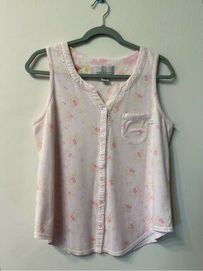 Karen Neuburger Women's L Pajama Top Floral V-Neck Sleeveless Button Knit Pink